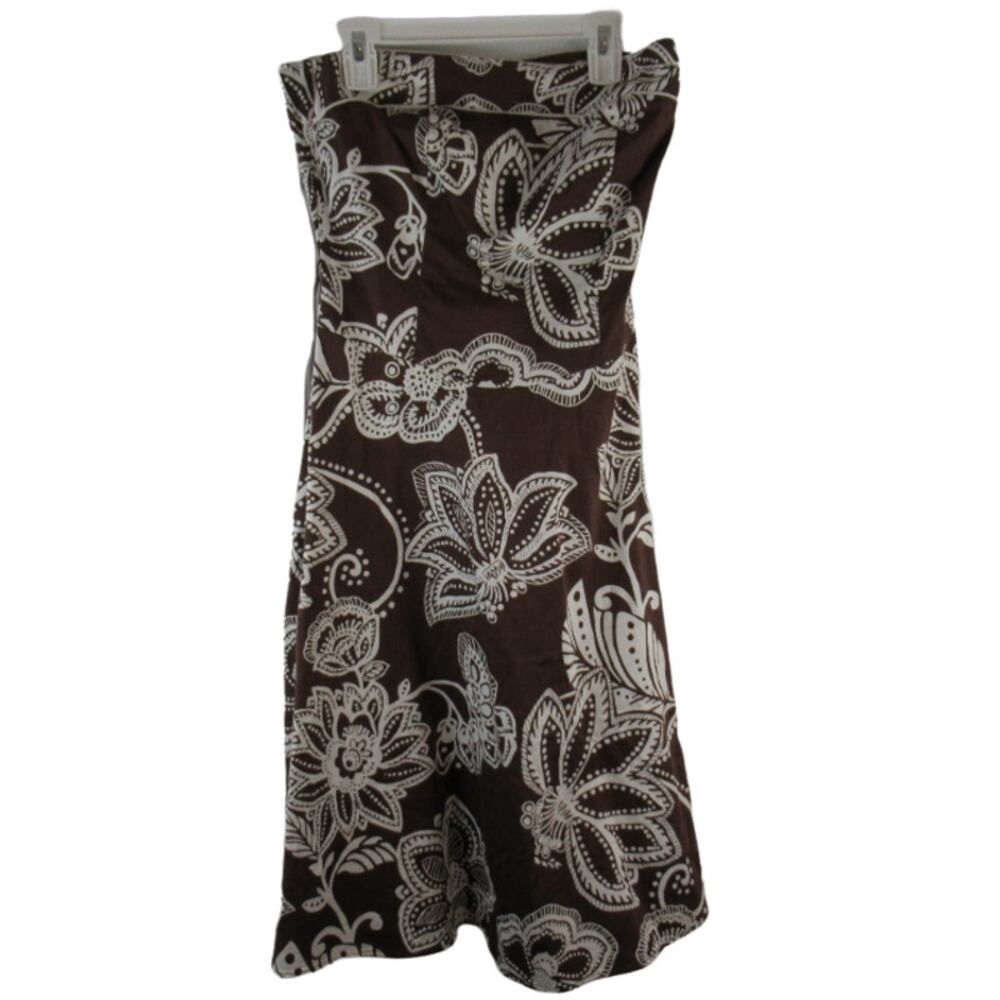 B. Smart brown and white sleeveless floral dress